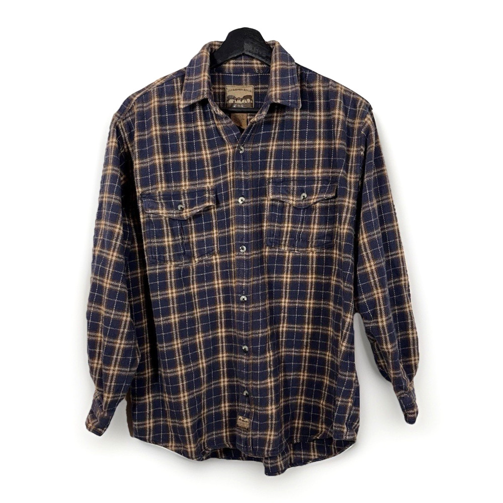 Blue Tan Plaid Heavy Flannel Button Up Shirt XL Work Buckhorn River Cotton